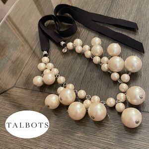 Talbots Large Faux Pearl Bubble Necklace w/ Black Grosgrain Ribbon Tie Necklace